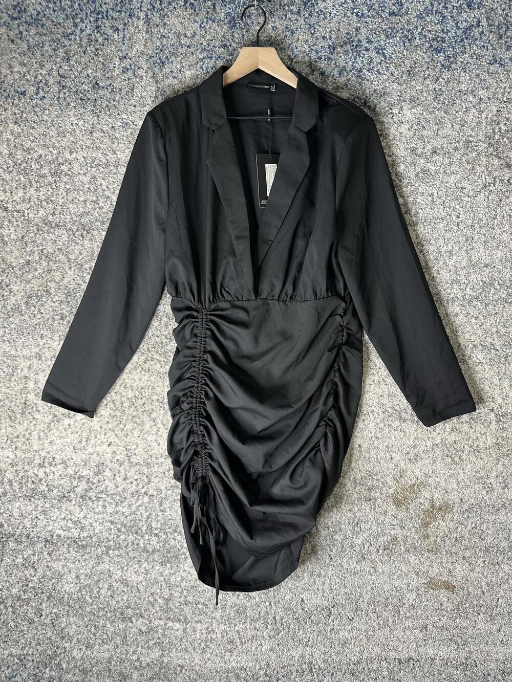 PRETTYLITTLETHING Dress Womens 12 Black Woven Ruched Deep Plunge Blazer Mini